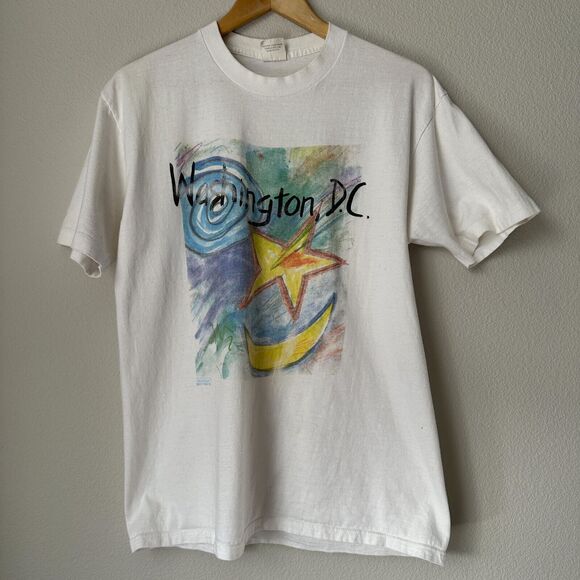Vintage On White Washington DC T-Shirt Tee Single Stitch Retro Basic 1988 Large - Picture 1 of 9